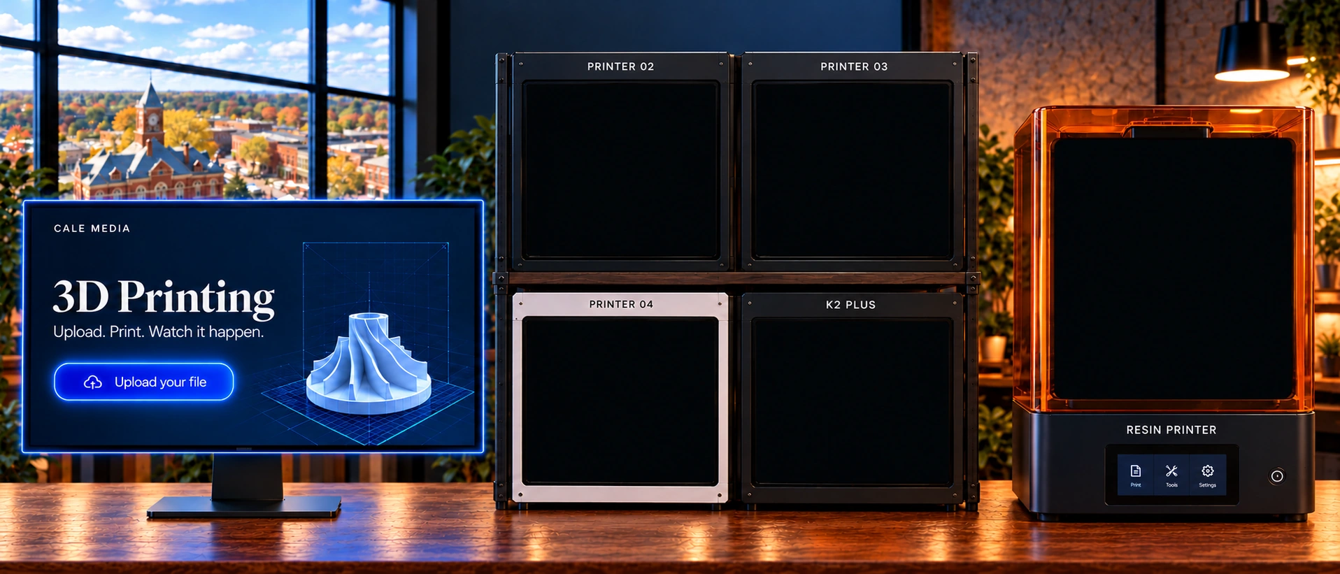 Cale Media 3D print studio: upload monitor on the left, four printer windows and a resin printer on the right.