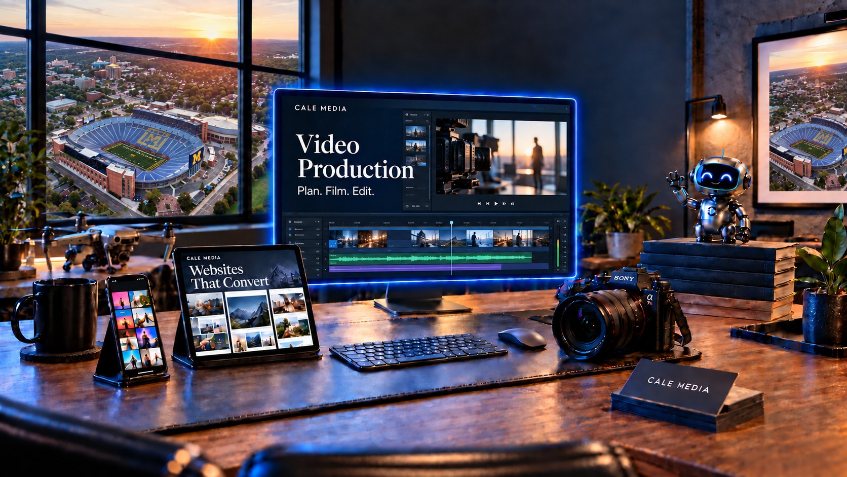 Illustrated video-production studio with an editing timeline on the monitor and Michigan Stadium outside the Ann Arbor window.