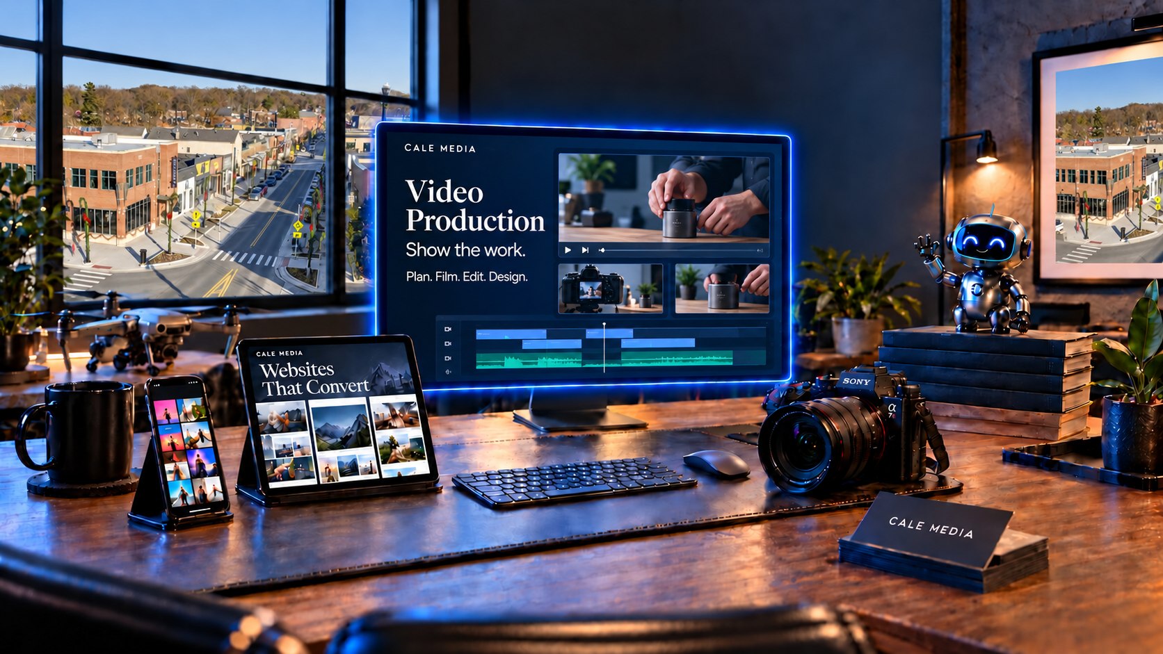 Illustrated Cale Media studio with Brighton Main Street in the window and business video planning and editing on the PC monitor.