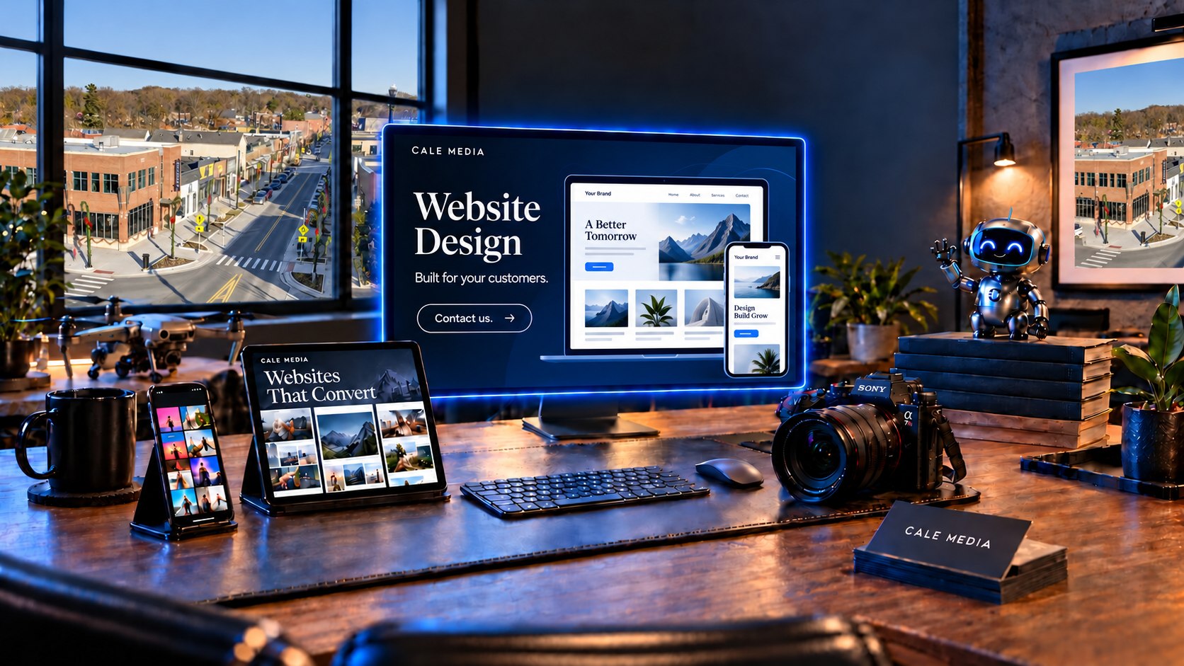 Illustrated Cale Media studio with Brighton Main Street in the window and desktop and phone website concepts on the PC monitor.
