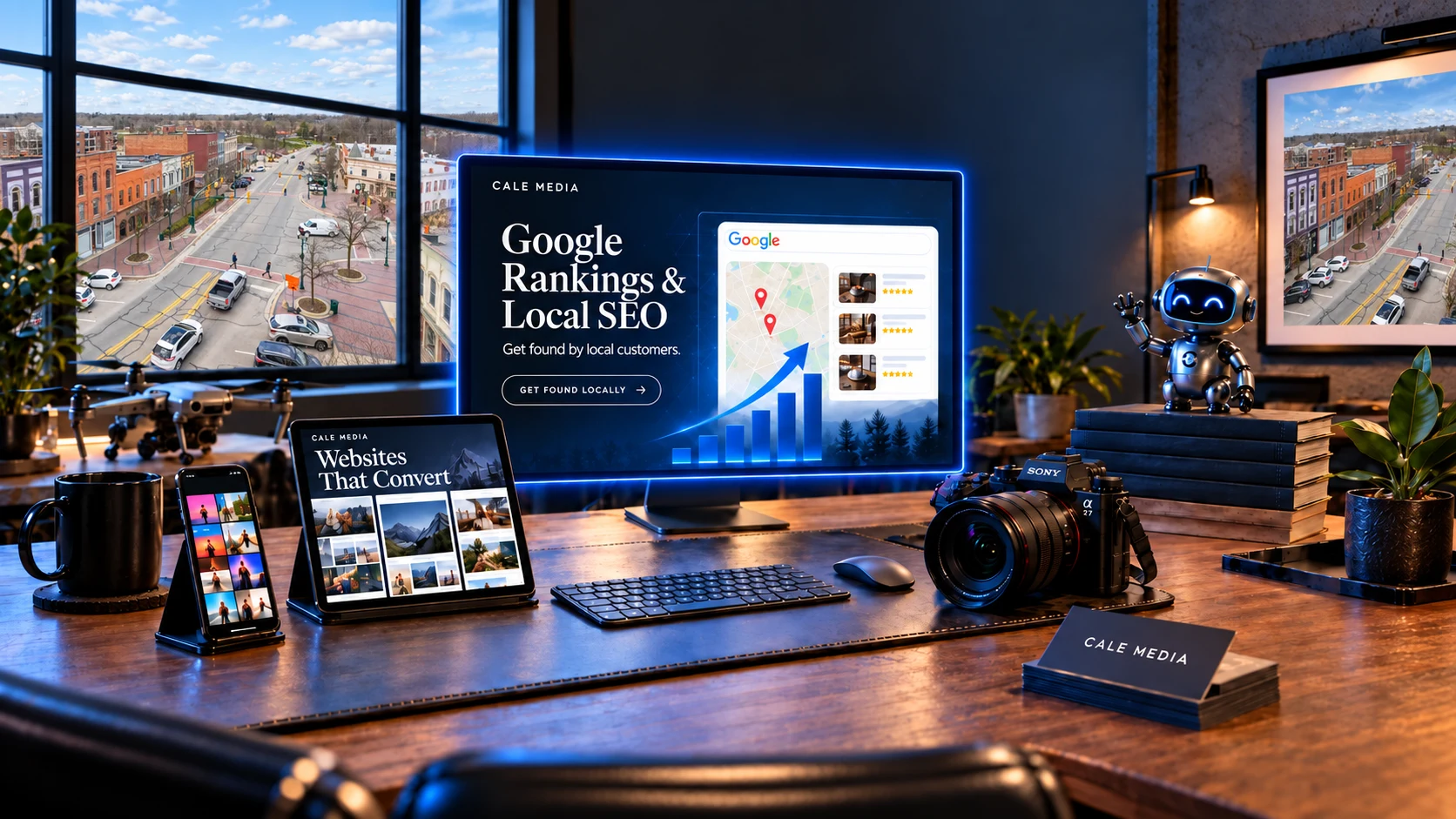 Illustrated marketing studio with a window view based on downtown Dexter.