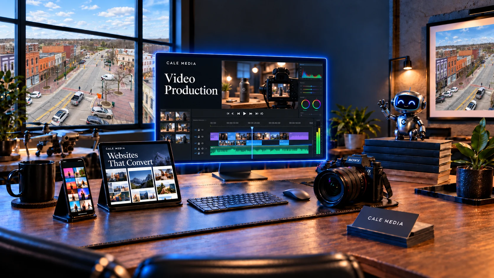 Illustrated video production studio with a footage preview and editing timeline on the PC monitor and a Dexter window view.