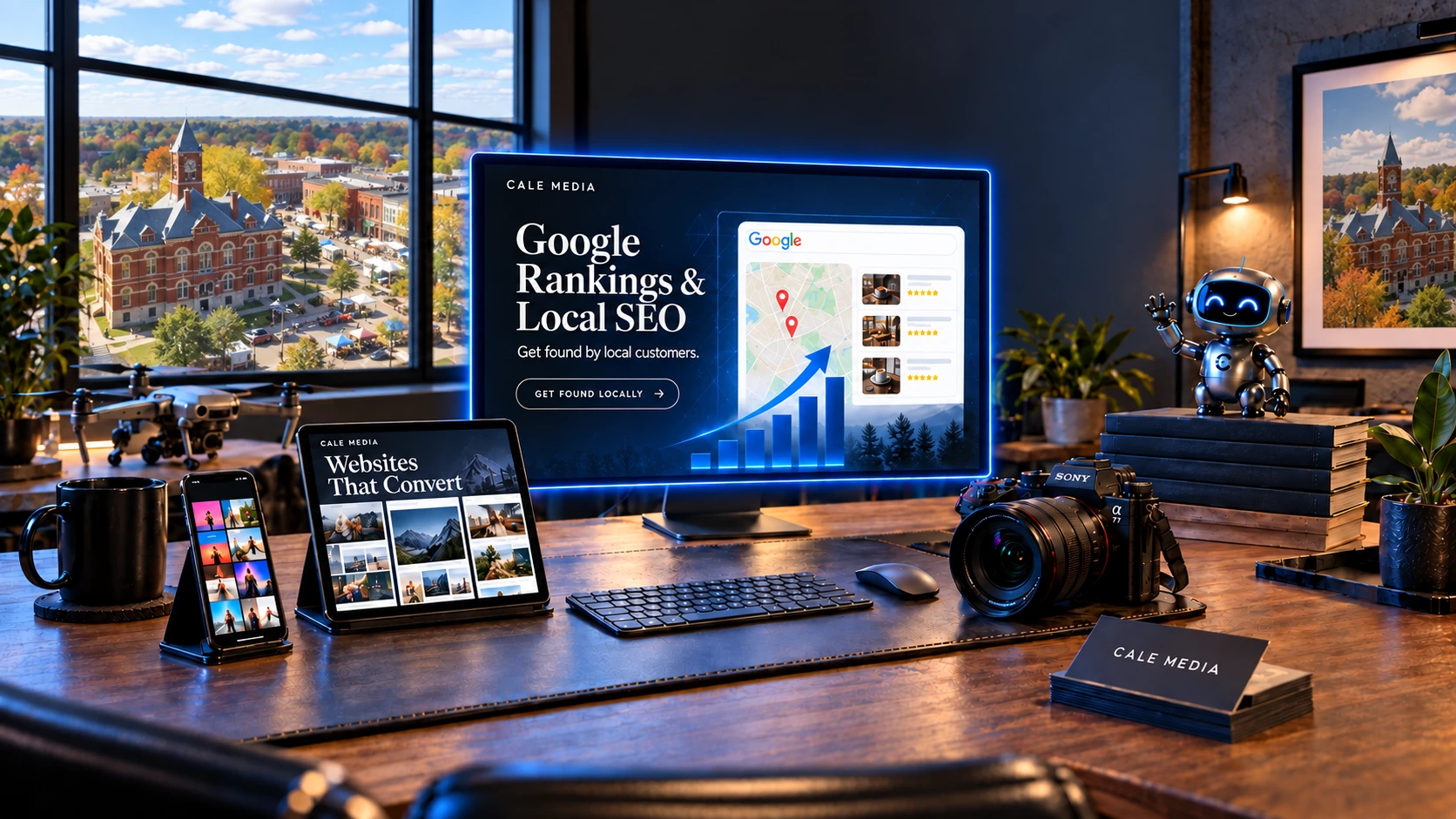 Illustrated marketing desk with a local SEO monitor, website tablet and a window overlooking downtown Howell.