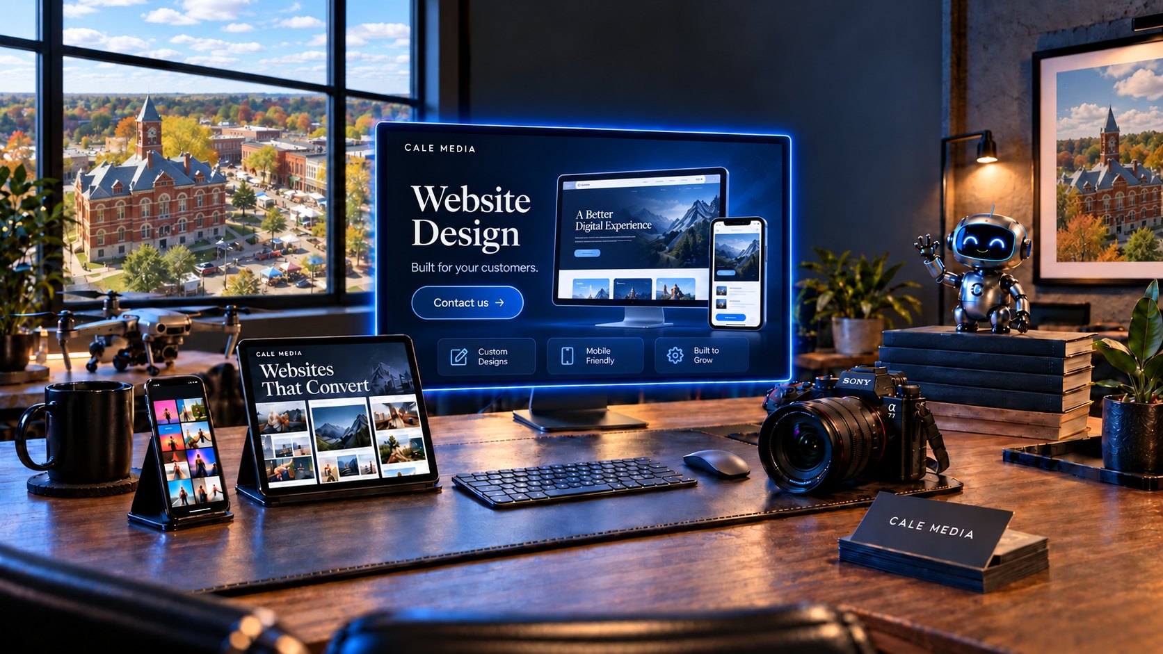 Illustrated Howell studio with desktop and mobile website concepts on the main monitor.