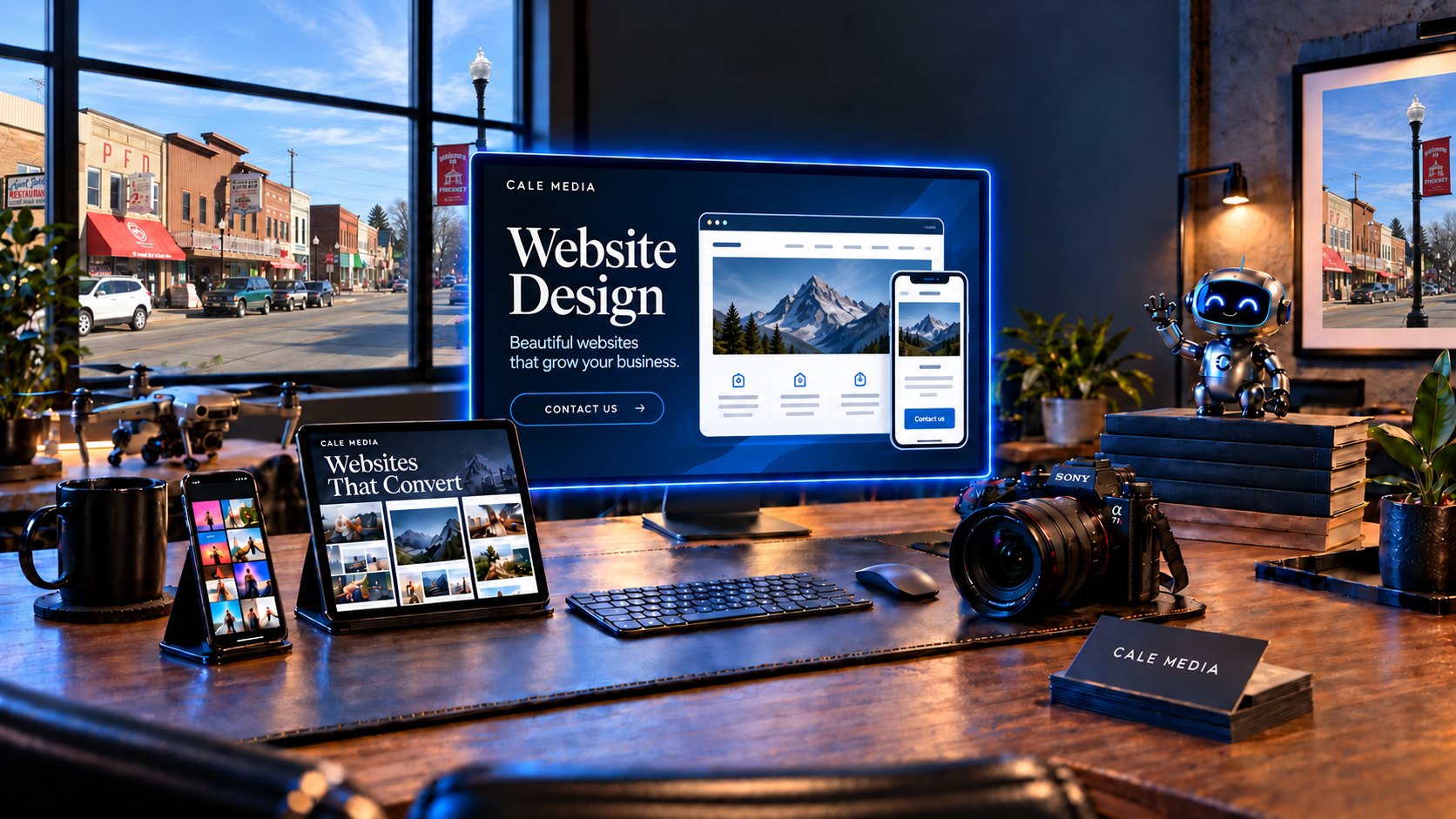 Illustrated Cale Media studio with Pinckney Main Street in the window and desktop and phone website concepts on the PC monitor.