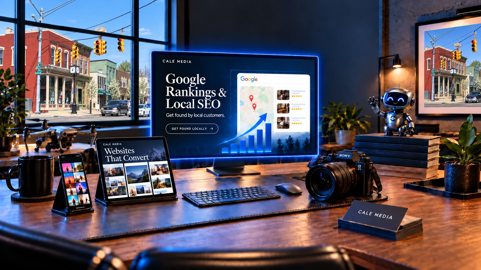 Illustrated marketing studio with a window view based on downtown South Lyon.