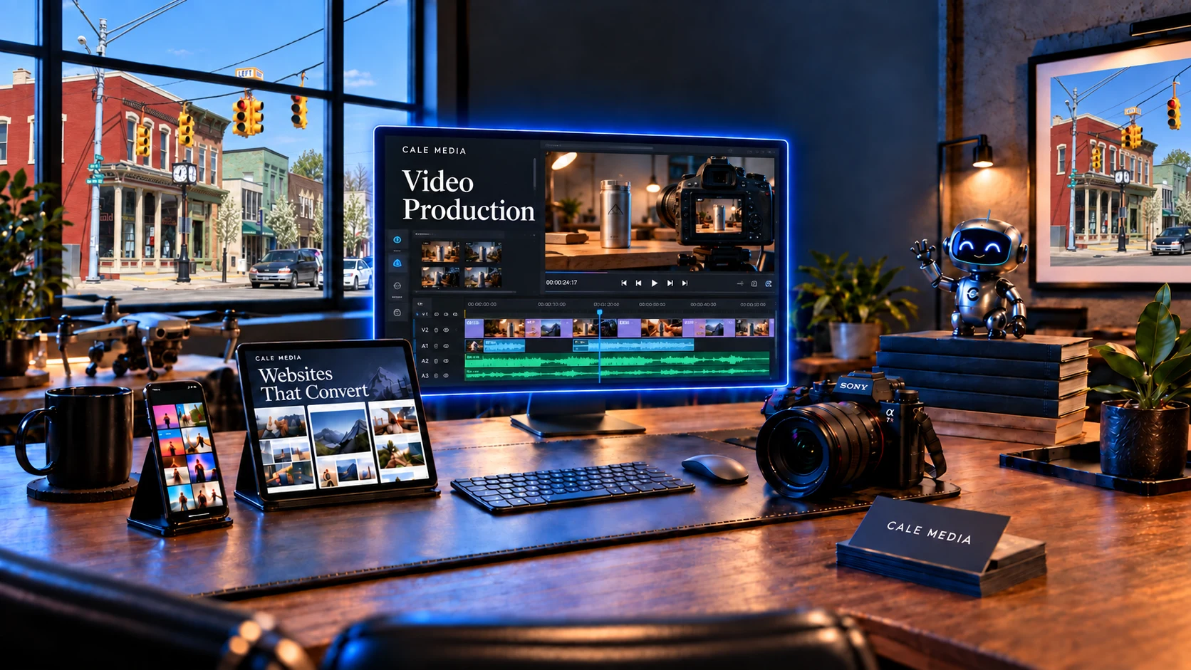 Illustrated video production studio with a footage preview and editing timeline on the PC monitor and a South Lyon window view.