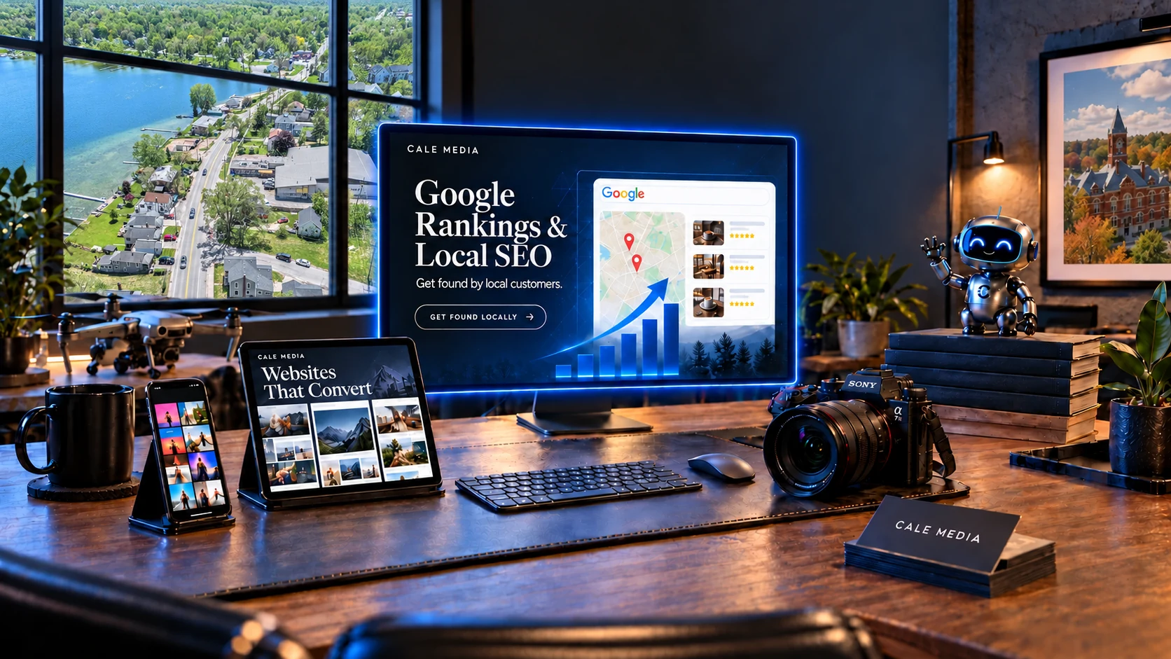Illustrated Cale Media studio with a Whitmore Lake window view and Google rankings on the monitor.