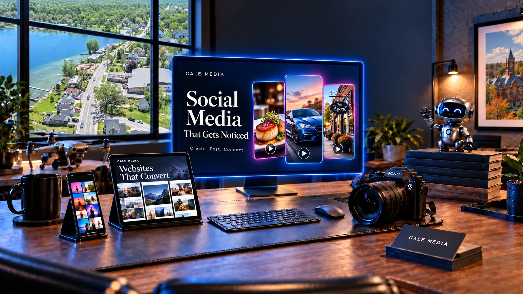 Illustrated Cale Media studio with a Whitmore Lake window view and social media content on the monitor.
