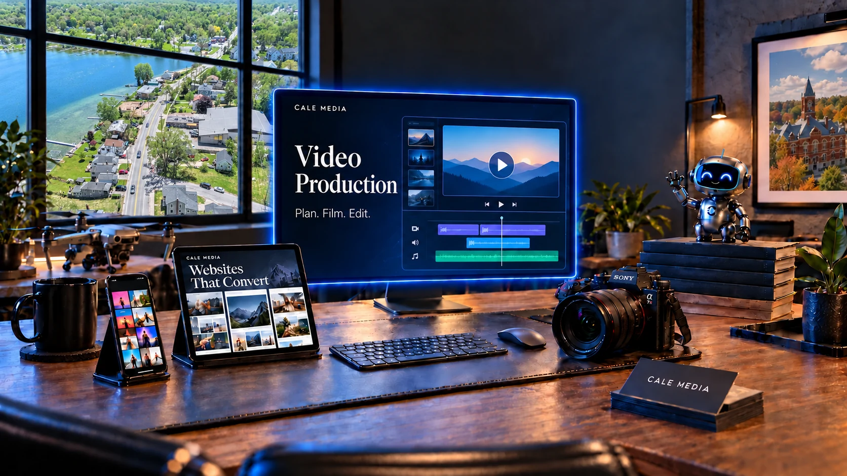 Illustrated Cale Media studio with a Whitmore Lake window view and a video editing timeline on the monitor.
