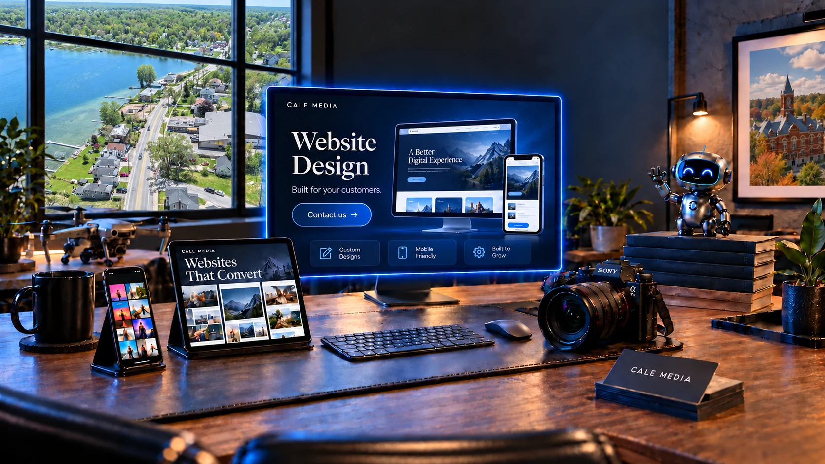 Illustrated Cale Media studio with a Whitmore Lake window view and website designs on the monitor.
