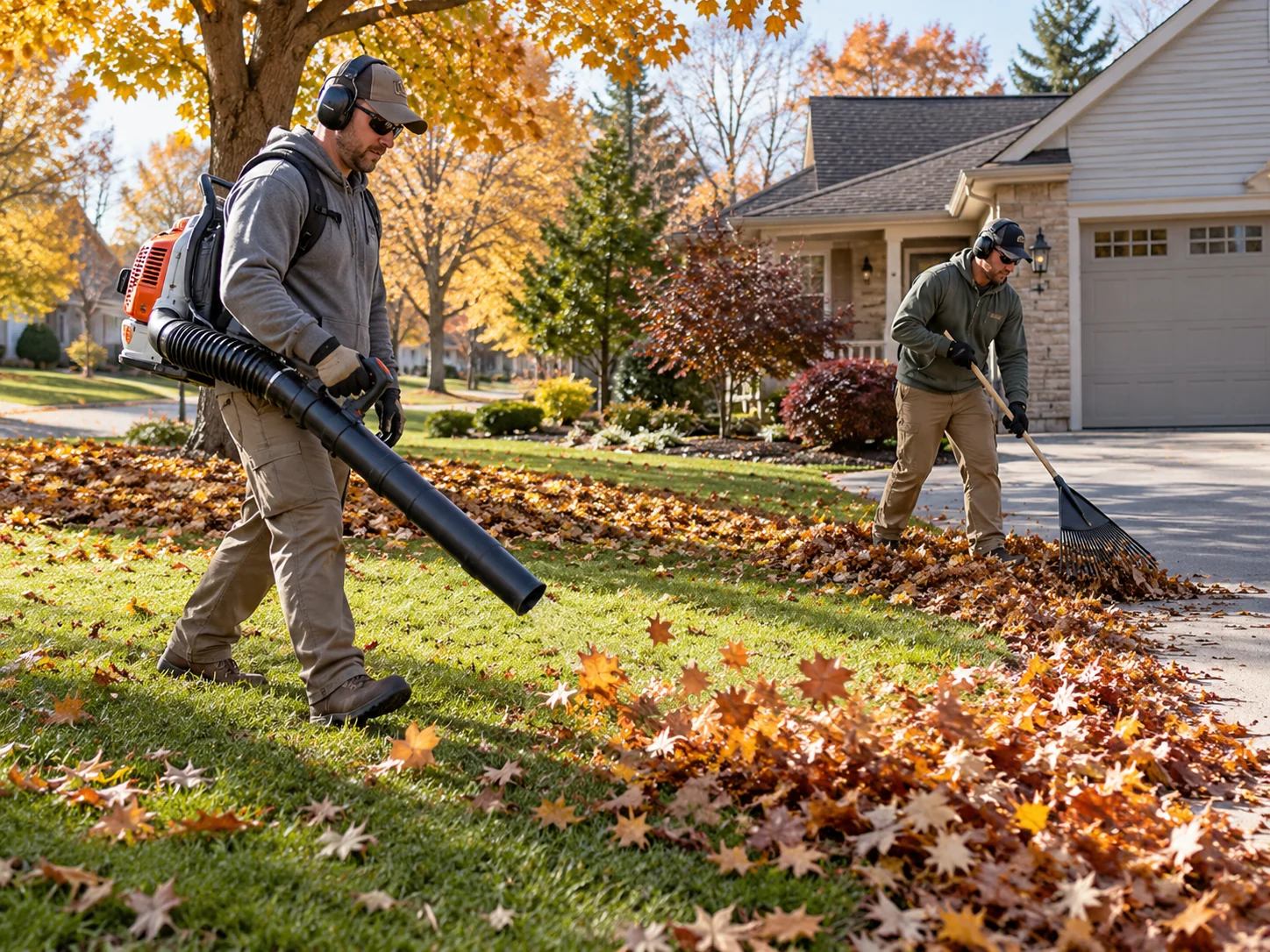 AI-generated illustration of autumn leaf cleanup in a Michigan yard