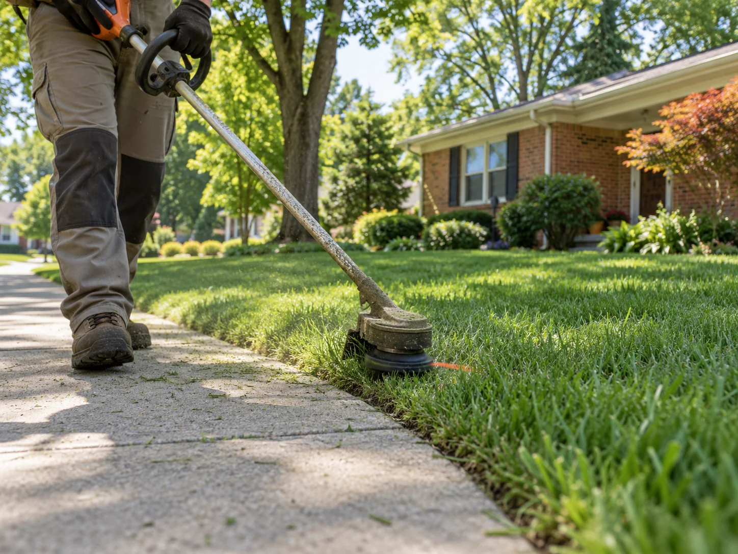 AI-generated illustration of trimming grass beside a Michigan sidewalk