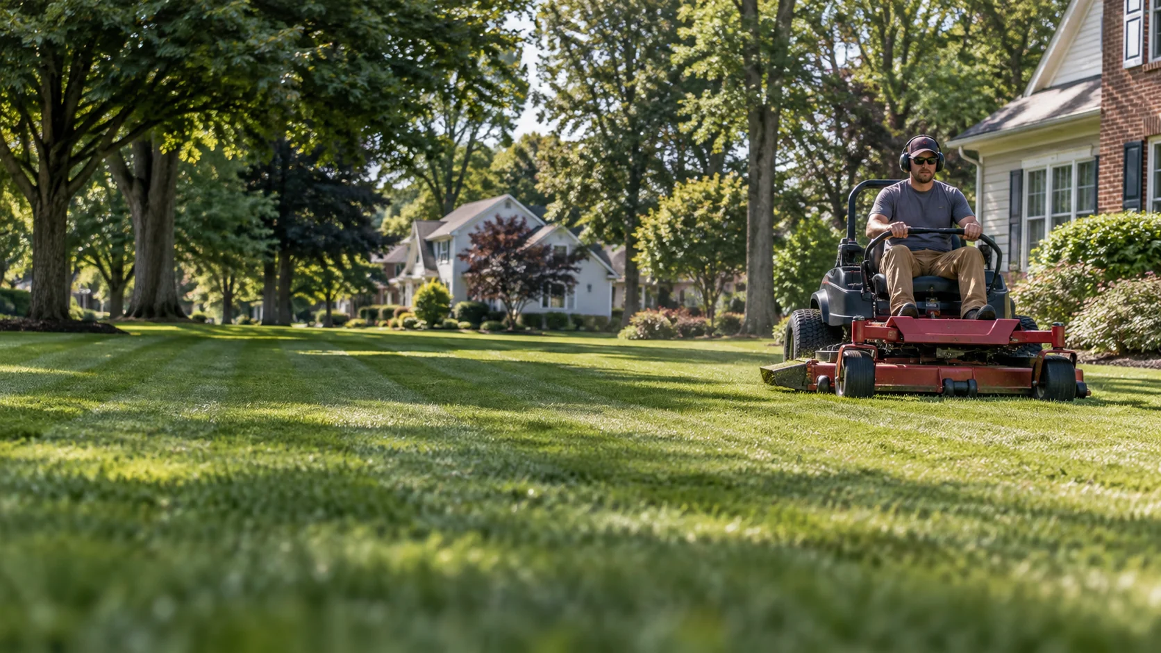 AI-generated demo scene of lawn mowing in a Michigan neighborhood